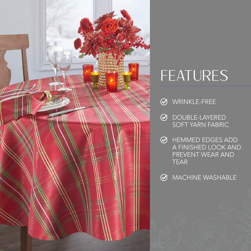 Elrene Home Fashions Shimmering Plaid Holiday Fabric Tablecloth, 60" x 84" Oval, Red - Image 3